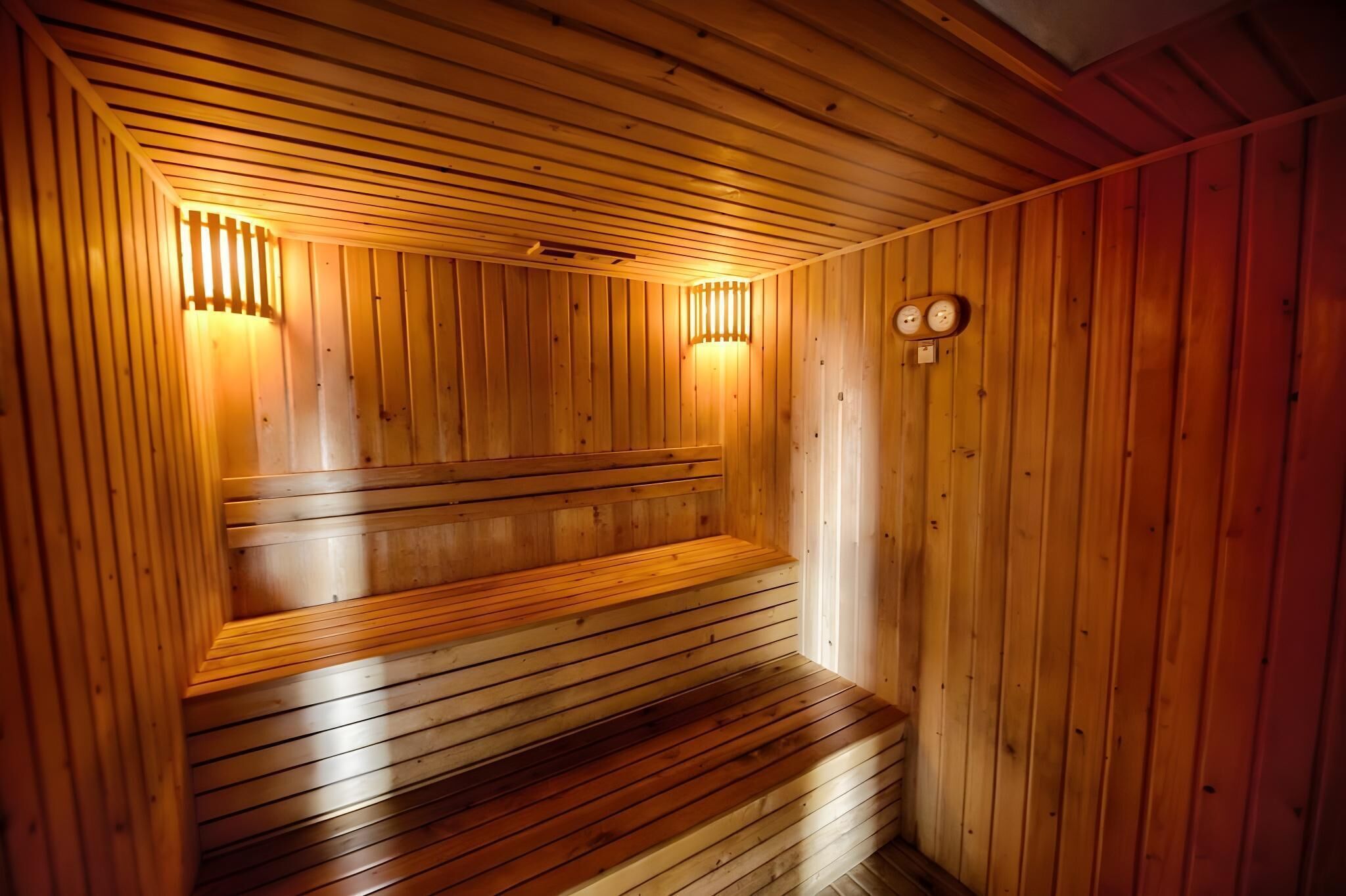 Un sauna en bois, doté de bancs et de lampes fixées au mur.