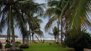 A tropical garden with palm trees, a grassy lawn, and a view of the ocean. - Blater Hotel (Santa Maria Colotepec)