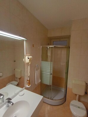 A bathroom with a sink, toilet, and a glass-enclosed shower stall.