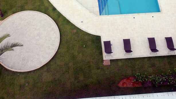 Una piscina rectangular con borde curvo, rodeada por una terraza blanca y palmeras.