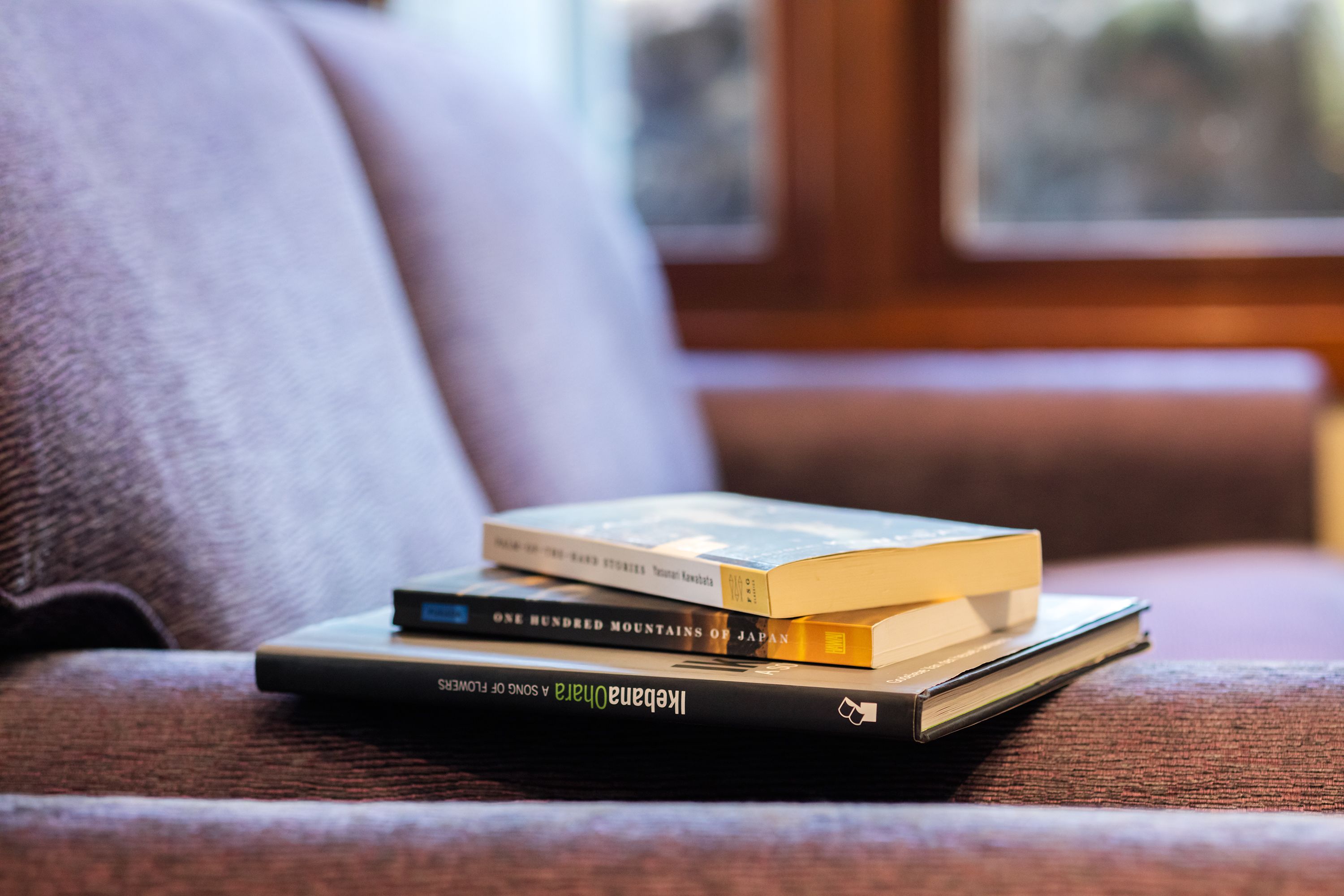 A stack of books on a couch with a window in the background.