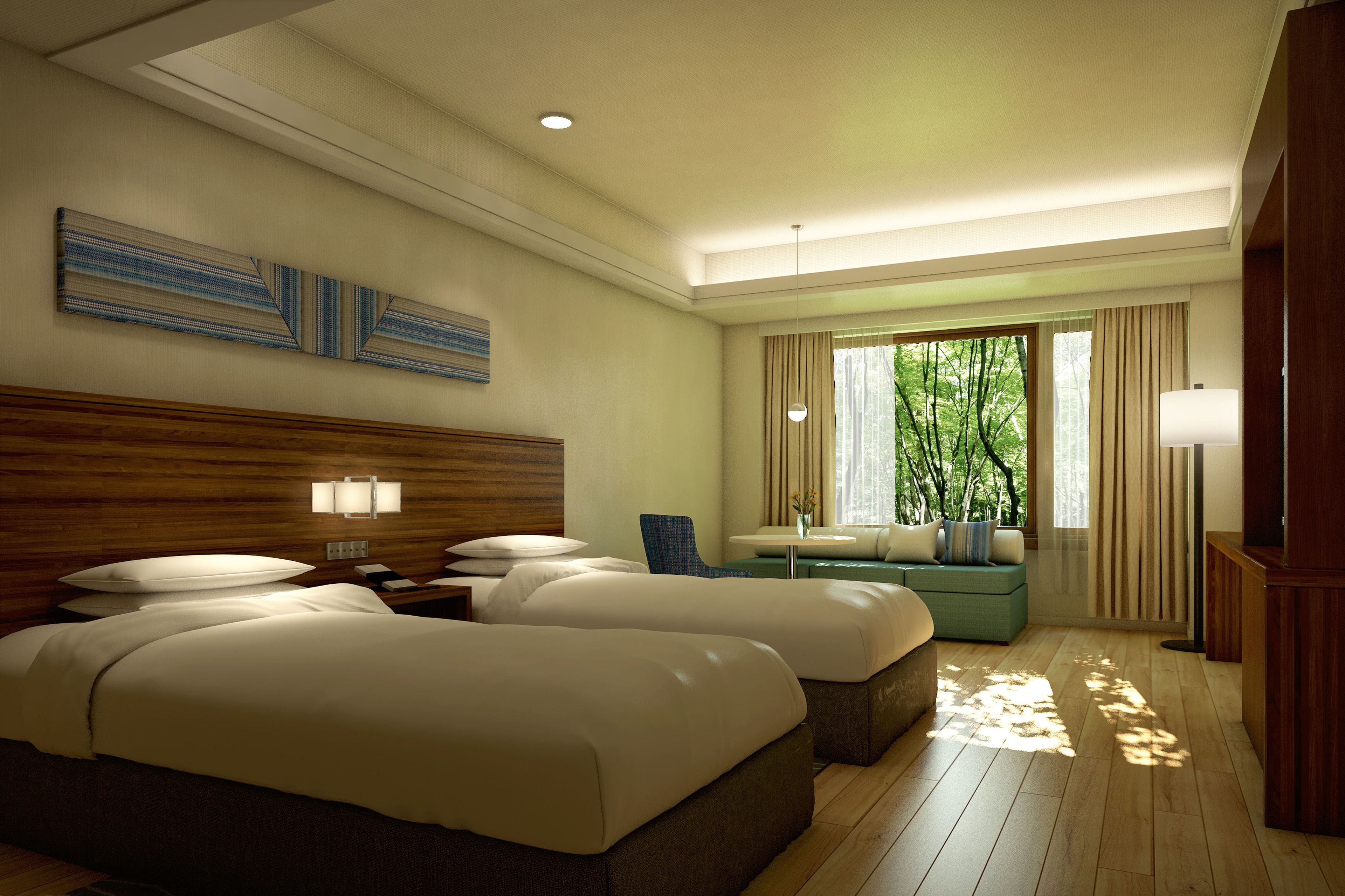 A hotel room with two beds, a sofa, a window with curtains, and a lamp.