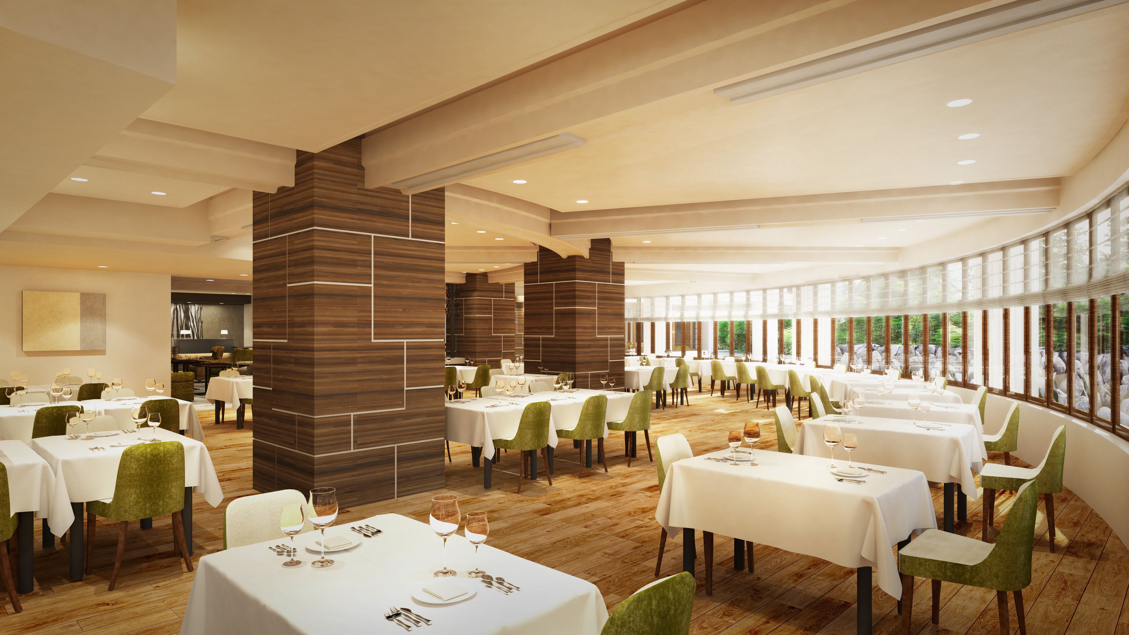 A restaurant with multiple tables, green chairs, and a large window offering a view of the outdoors.