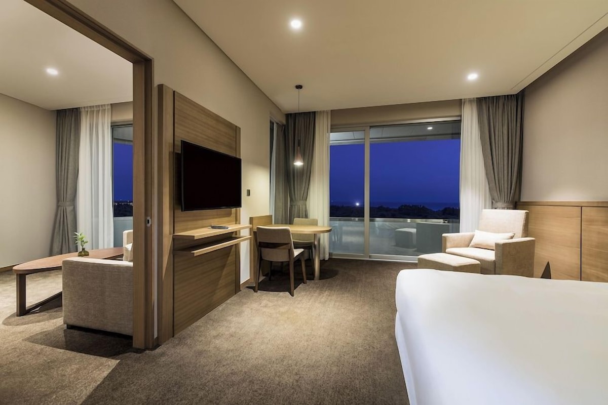 A hotel room with a bed, a desk, a TV, a chair, and a view of the night sky.