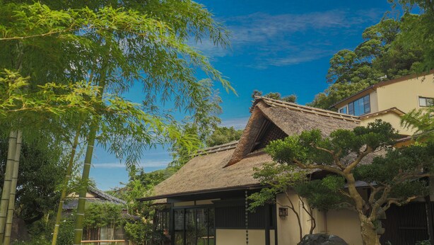 A traditional Japanese building with a thatched roof, surrounded by bamboo and trees. - Yojokan Haru no Hikari (Hakone)