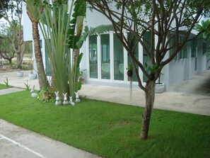 A modern building with large windows and a well-maintained lawn with various plants.