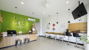 Un área de recepción de hotel moderna y limpia, con una pared verde, un mostrador de madera y una zona de estar con taburetes de bar.