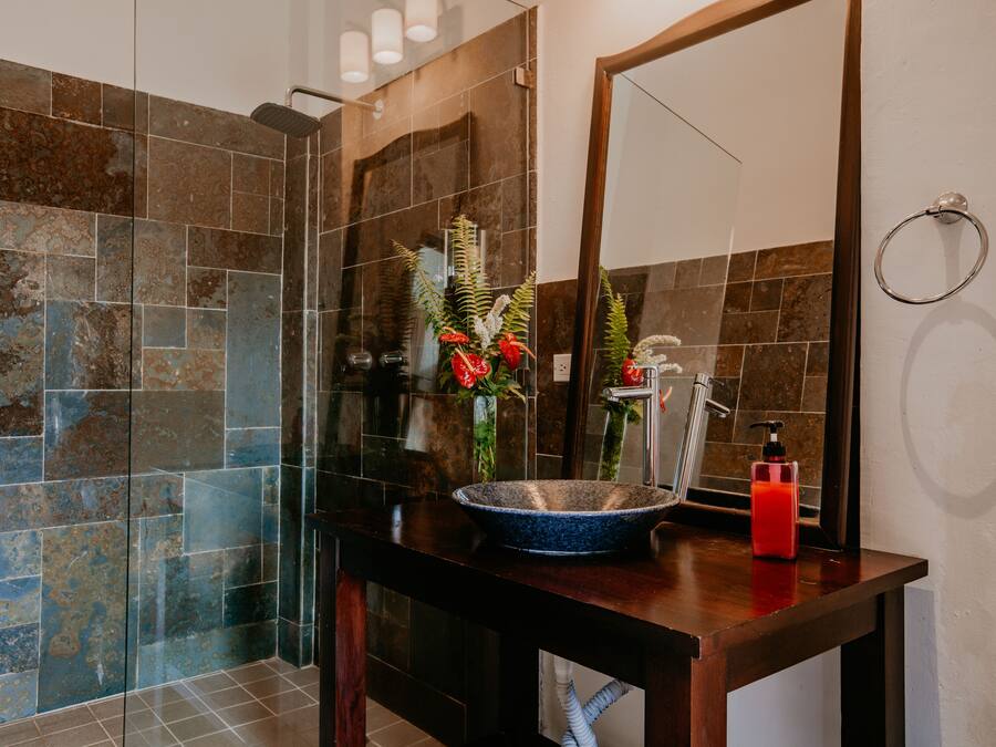 A bathroom with a glass shower enclosure, a wooden vanity with a blue basin, and a mirror.