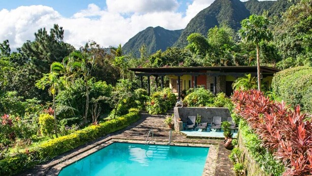 A pool surrounded by lush greenery and a mountain backdrop. - The Golden Frog Inn (El Valle de Anton)