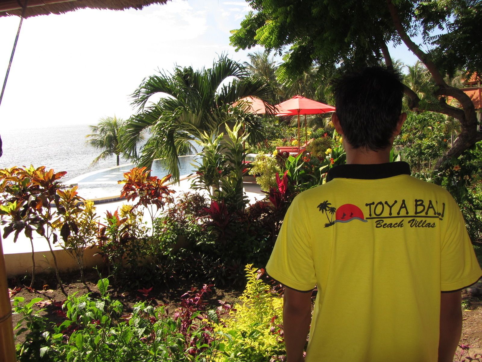 A person in a yellow shirt with "TOYA BALI Beach Villas" on the back, standing in a garden with various plants and a view of the ocean.