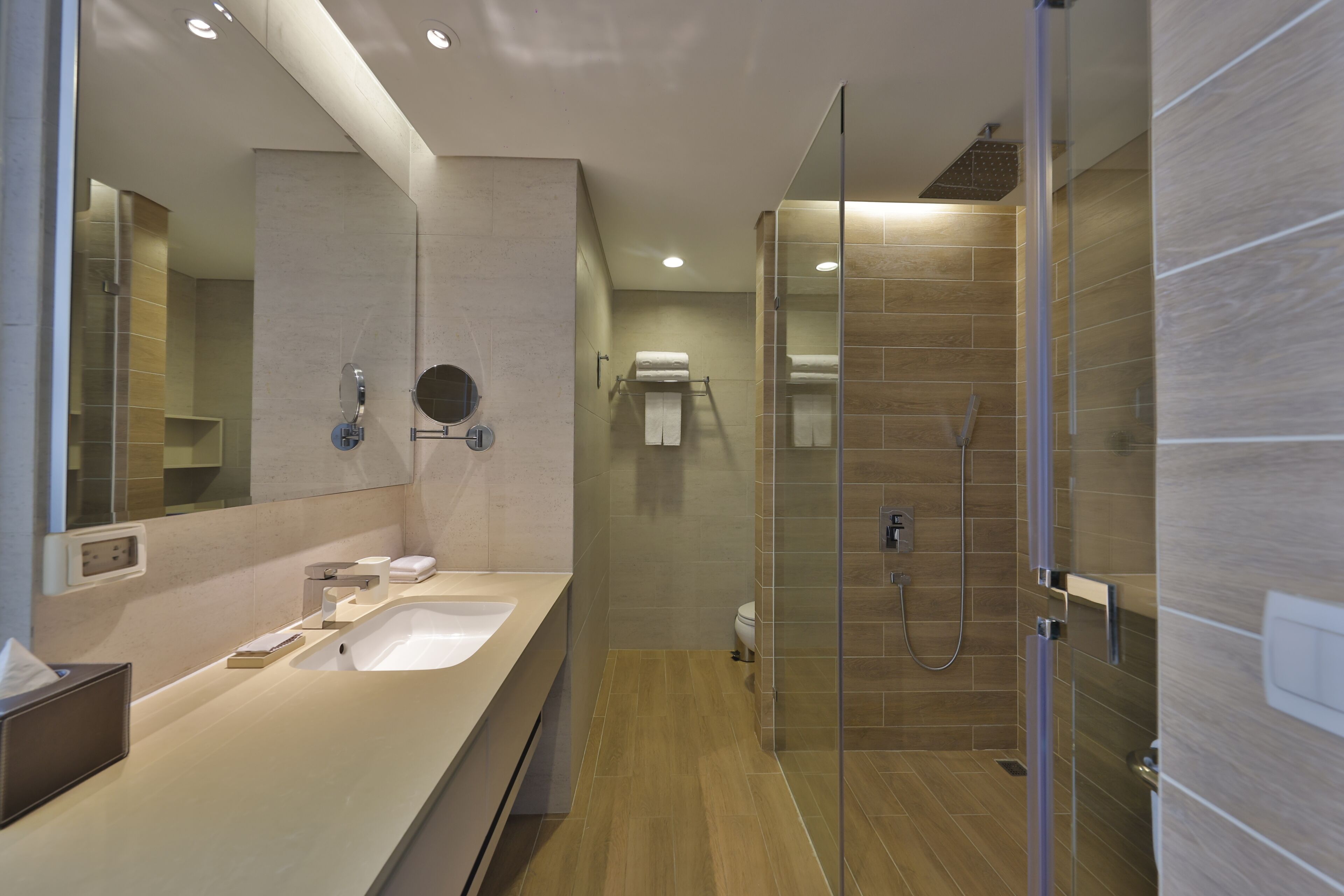 A modern bathroom with a glass-enclosed shower, a large mirror, and a dual sink vanity.