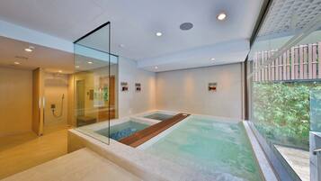 A modern spa area with a glass-enclosed hot tub, a separate cold bath, and a shower area.