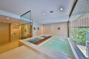 A modern spa area with a glass-enclosed hot tub, a separate cold bath, and a shower area.