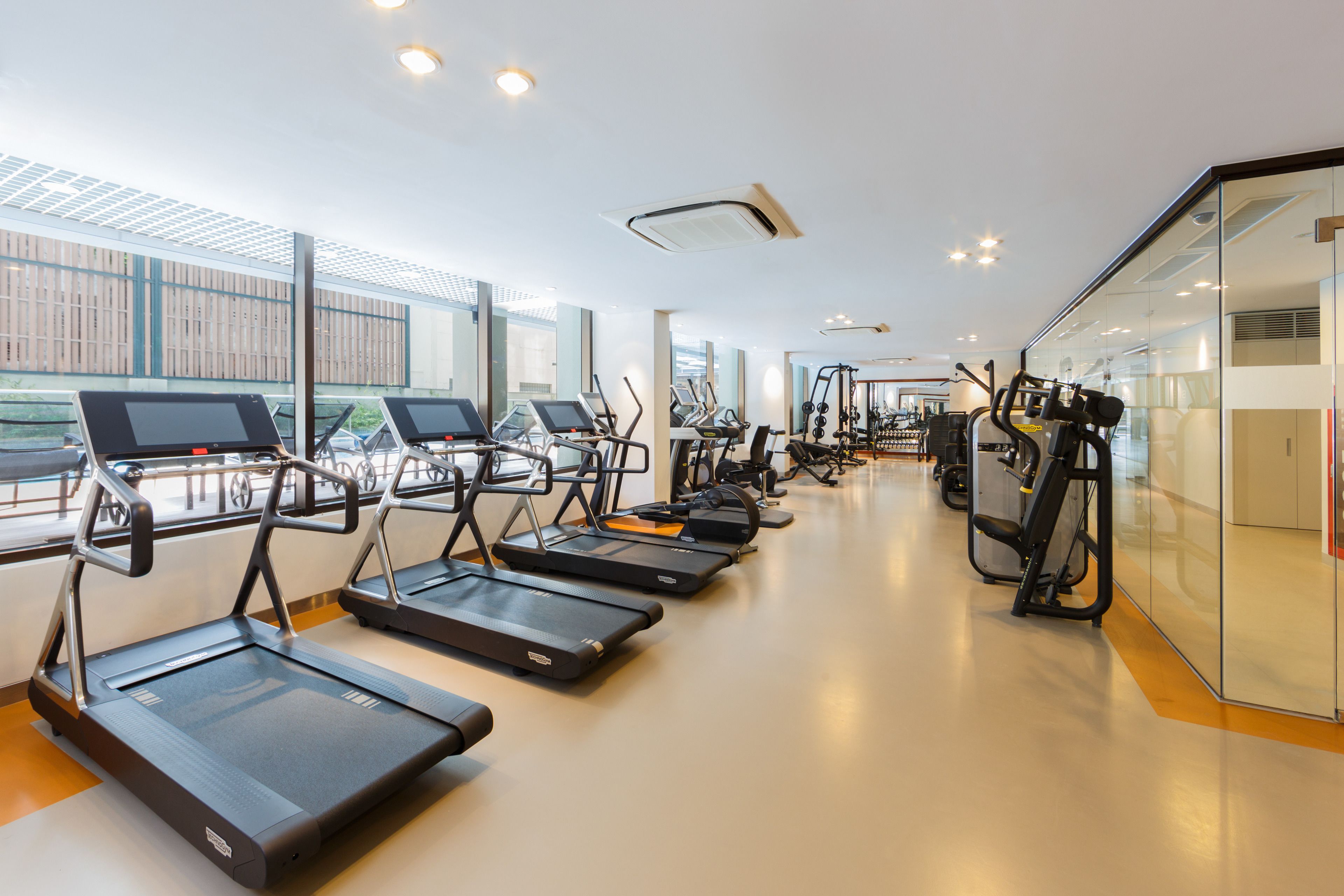 Un gimnasio con cintas de correr, elípticas y equipo de pesas.