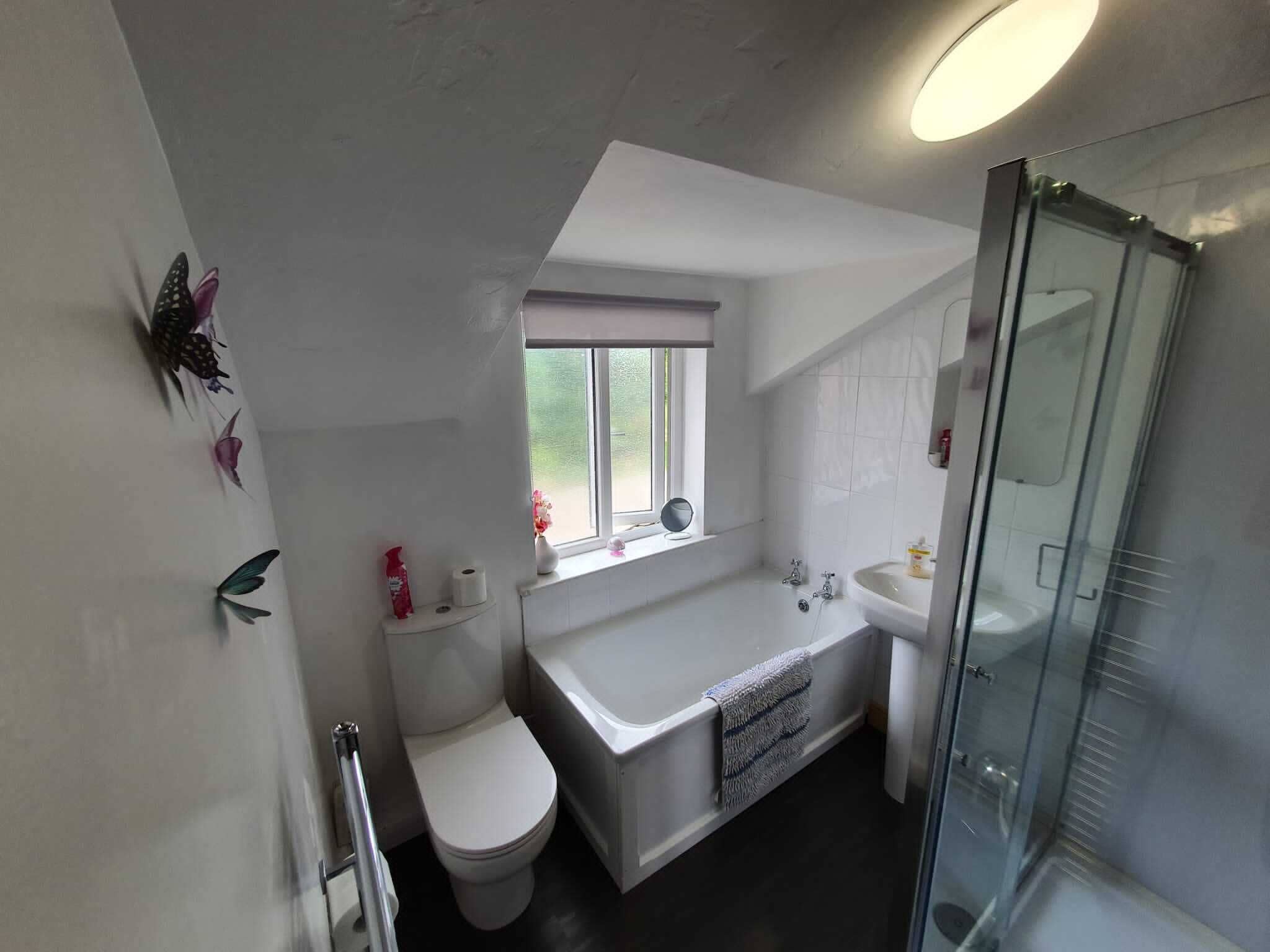 A modern bathroom with a glass shower enclosure, a white bathtub, and a toilet.
