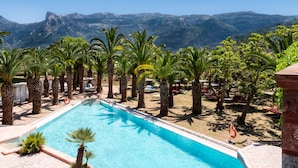A swimming pool surrounded by palm trees with a mountainous backdrop.
