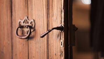 A wooden door with a brass knocker and a keyhole.