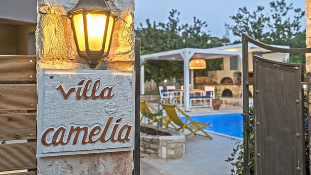 Eine Villa namens "villa camelia" mit Pool und Außenbereich mit Sitzgelegenheiten.