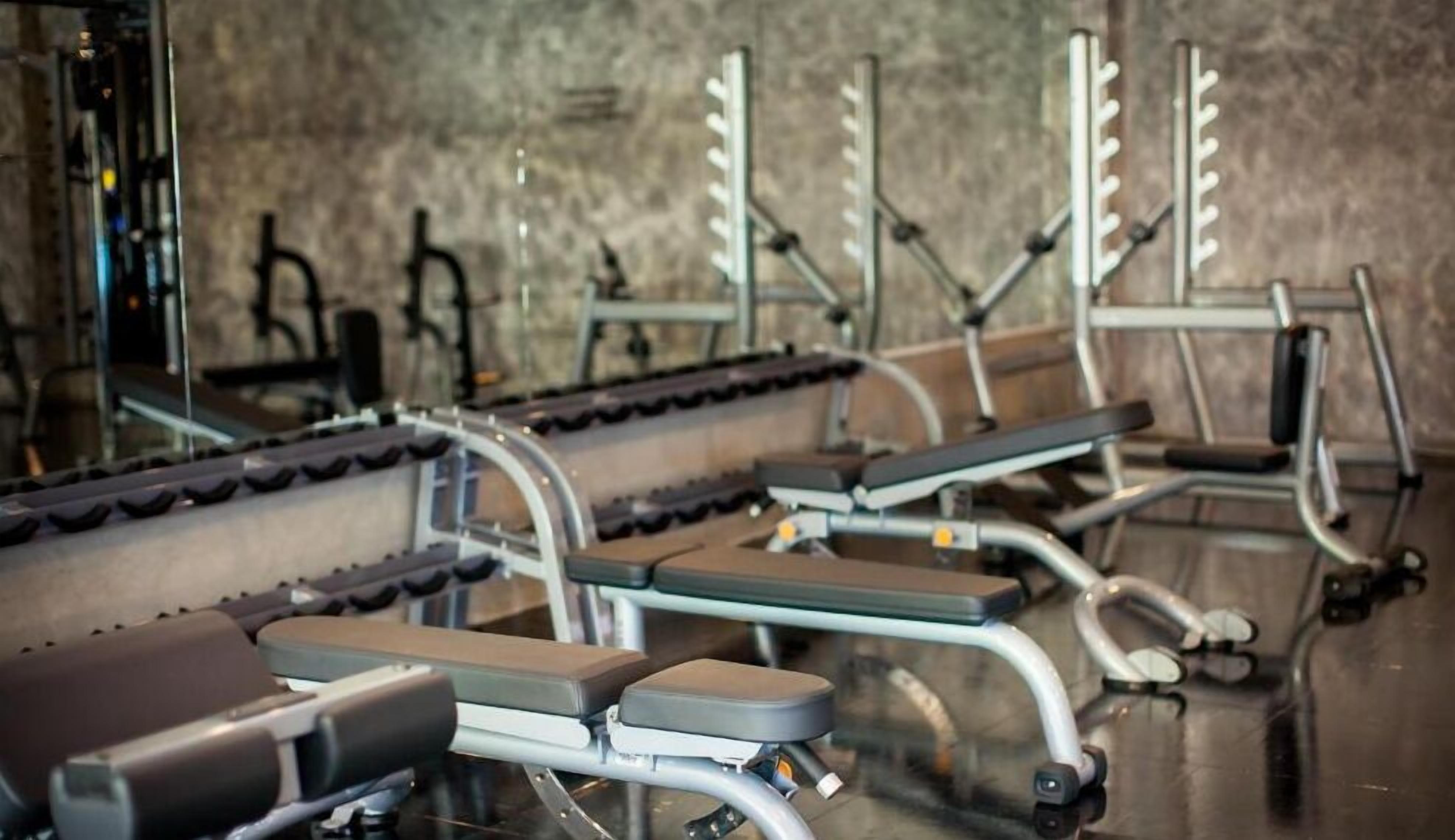 A row of stationary bikes in a gym with a mirrored wall.