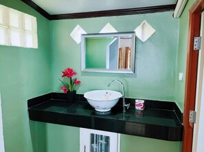 Shower, free toiletries, hair dryer