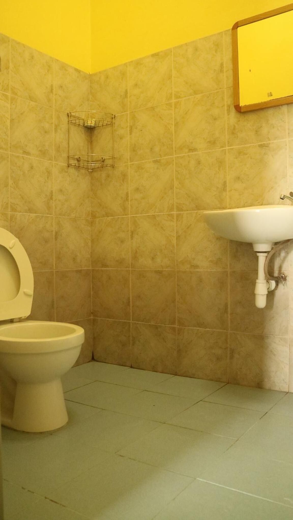 A bathroom with a toilet, a sink, and a mirror on the wall.