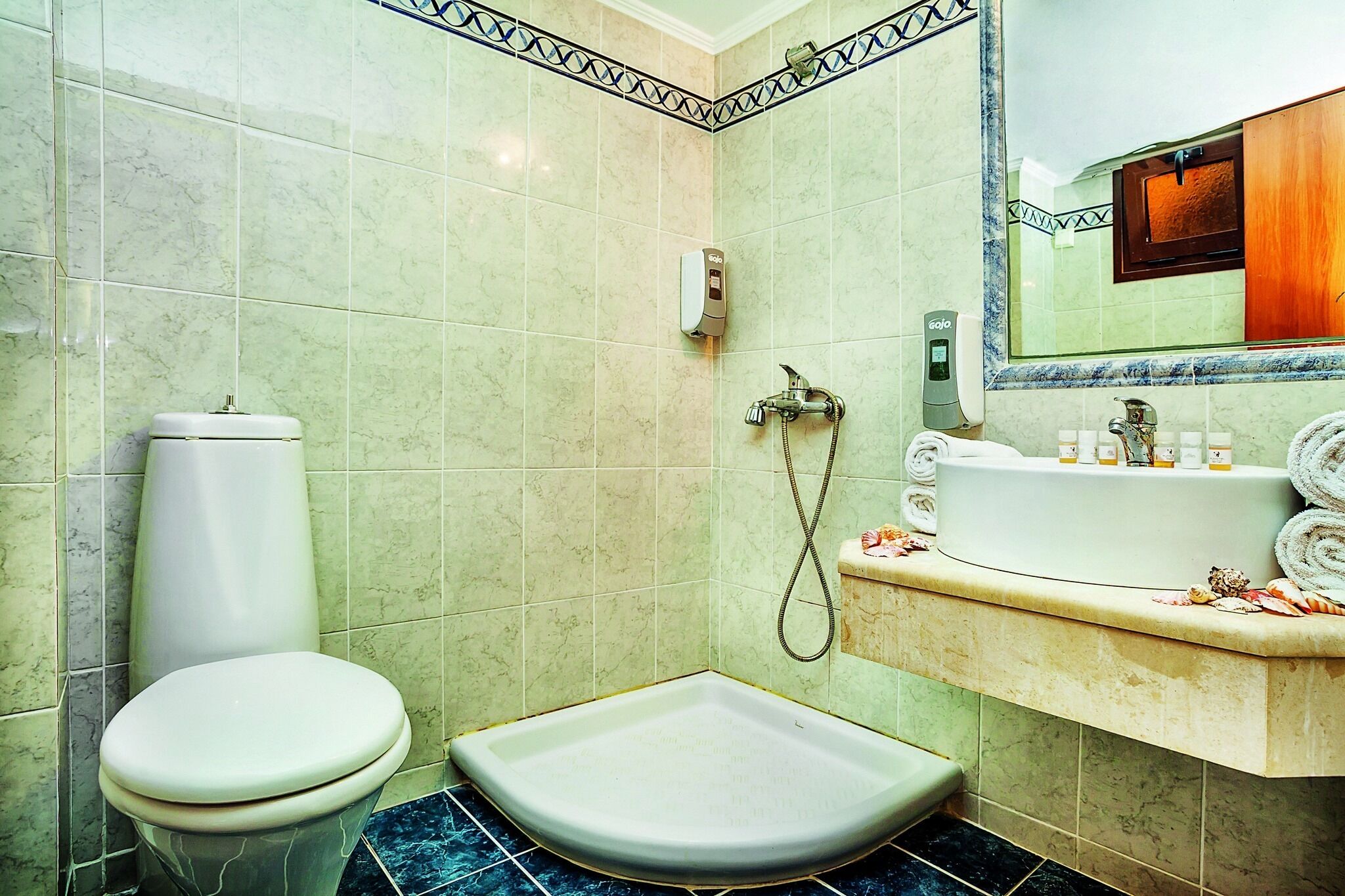 A bathroom with a toilet, a shower, and a sink with toiletries.