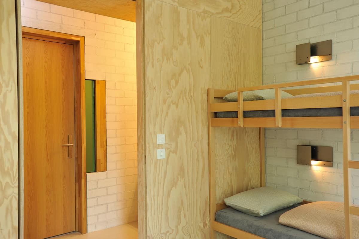 A bunk bed with a wooden frame and two pillows, a wooden door, and a brick wall with a light switch.