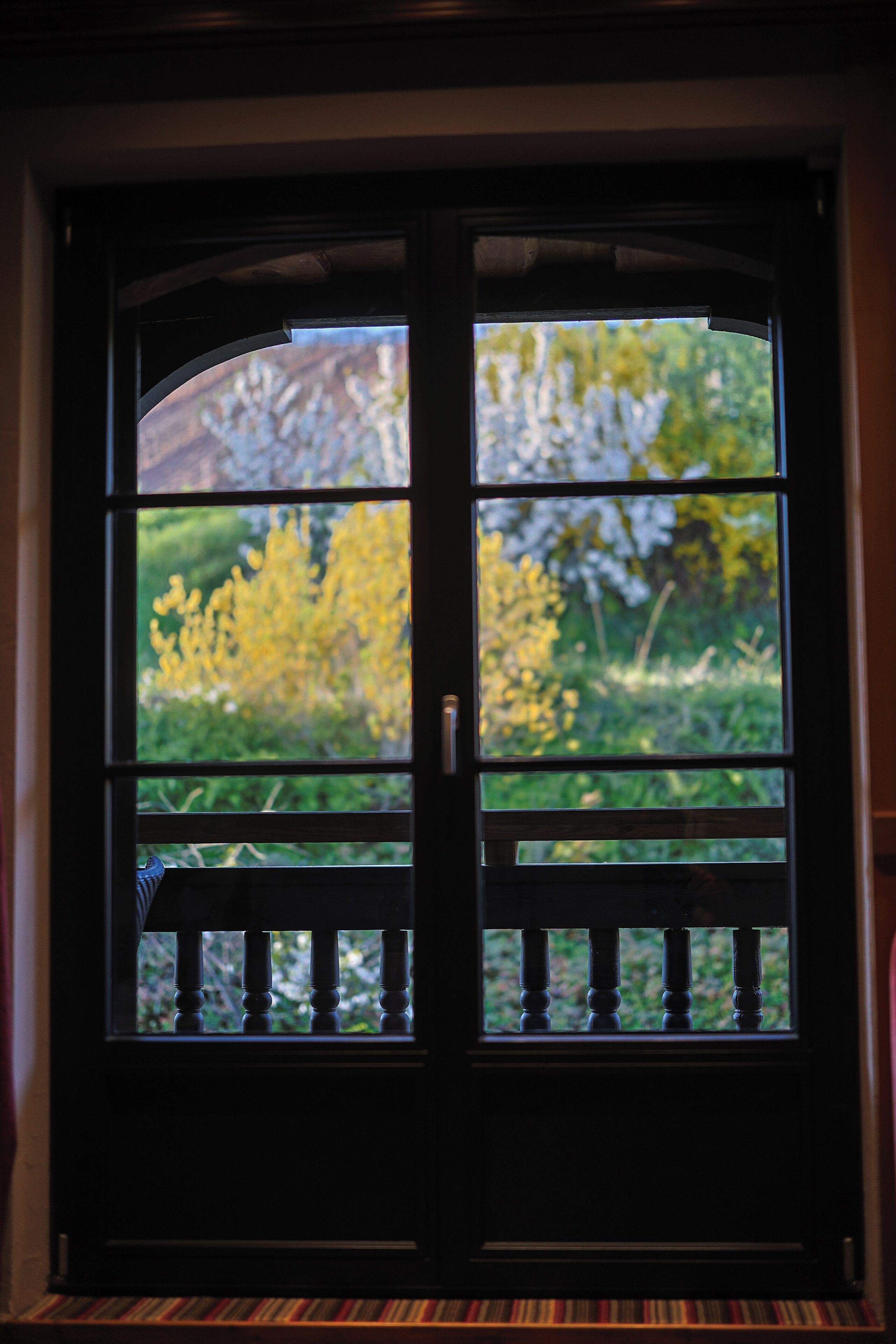 A dark wooden door with a glass panel, a small balcony with balusters, and a view of greenery and yellow flowers outside.