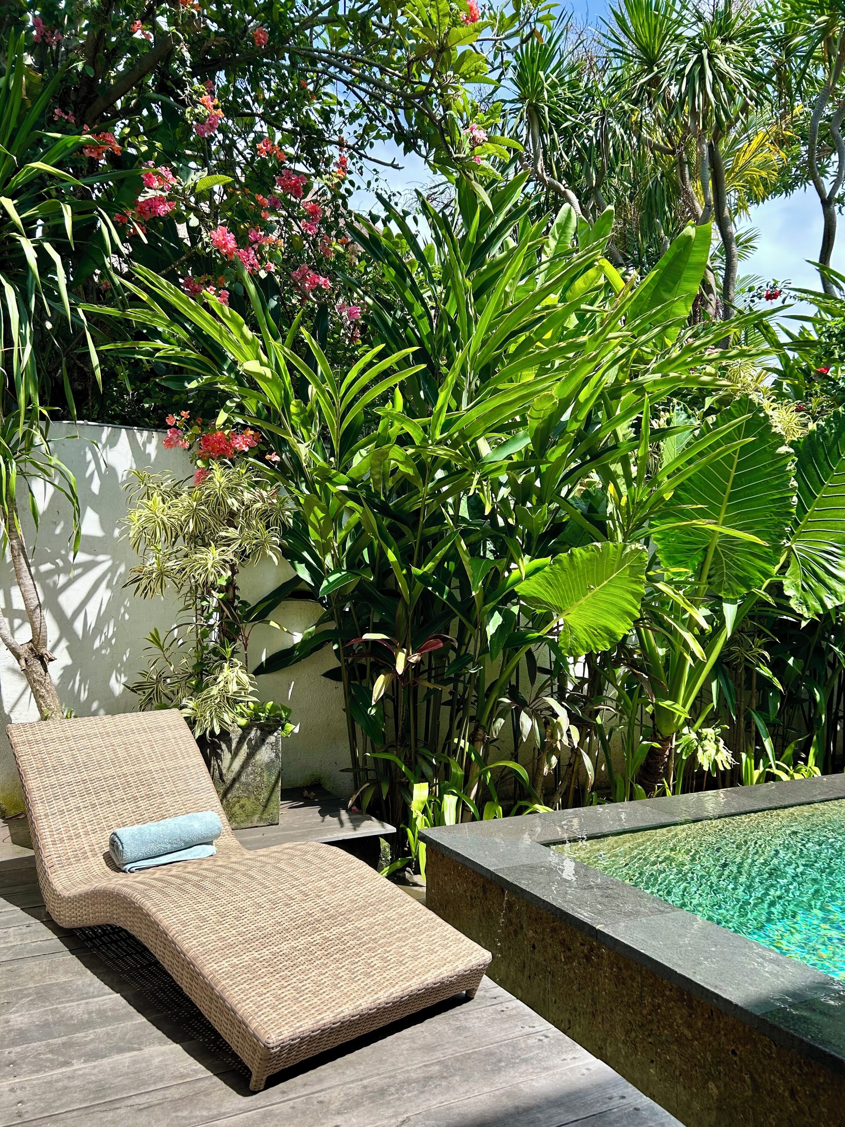 Una silla de mimbre con una toalla, una piscina y exuberante vegetación tropical.