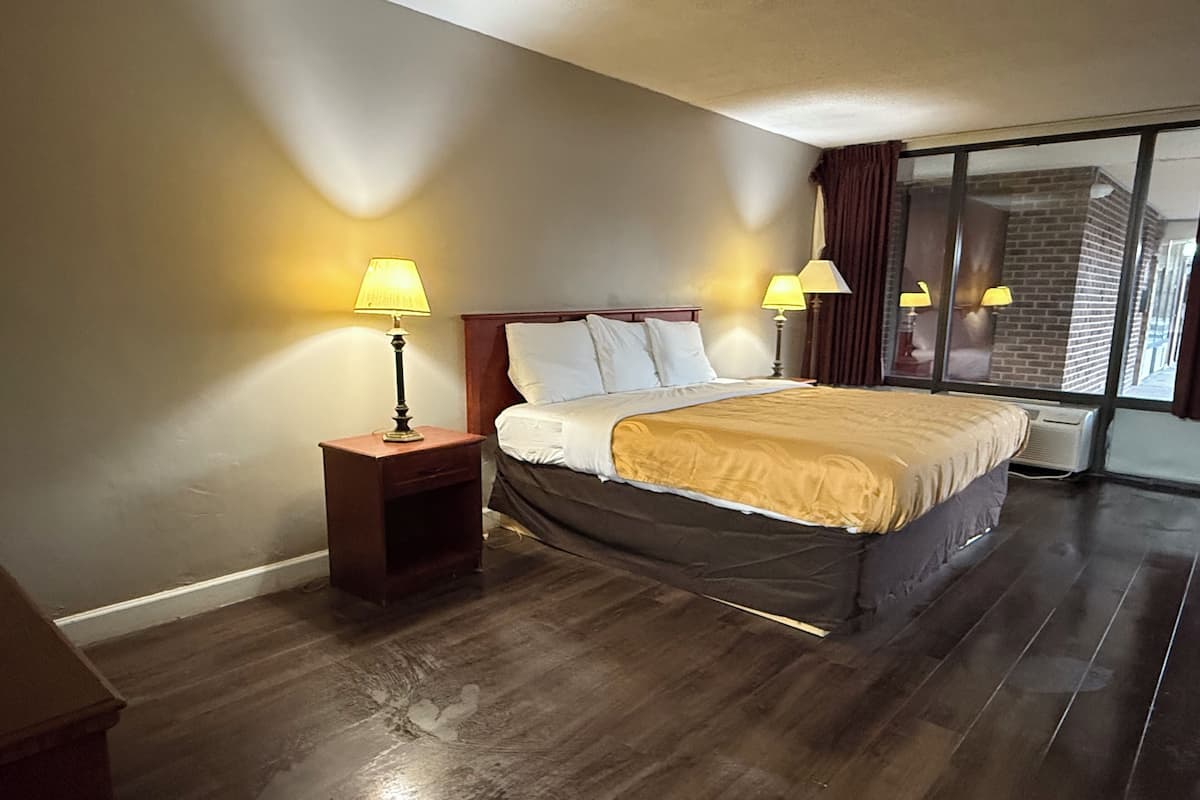 A hotel room with a large bed, two bedside lamps, a wooden nightstand, and a large window with a view of a brick building.