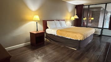 Premium bedding, desk, laptop workspace, iron/ironing board