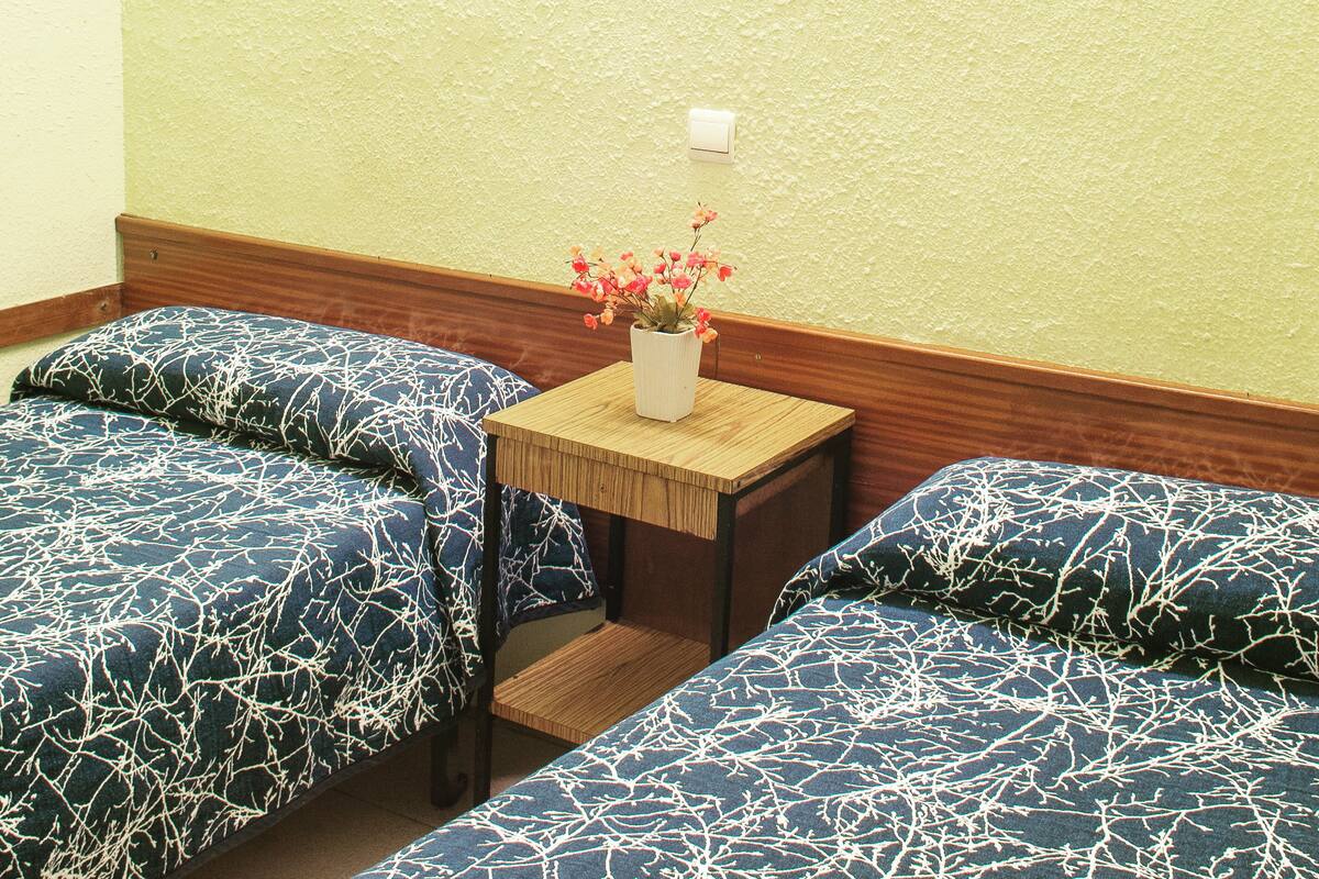 Ein Zimmer mit zwei Betten, einem kleinen Holztisch mit Blumenvase und einem gerahmten Bild an der Wand.