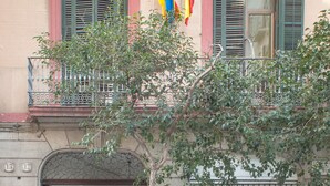 A building with a balcony, a tree in front, and two motorcycles parked on the sidewalk. - Hostal Nilo (Barcelona)
