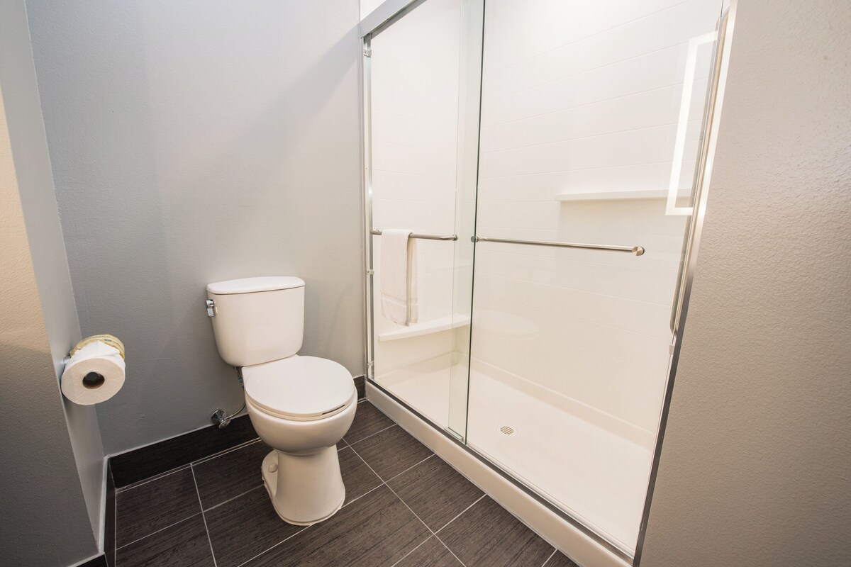 A modern bathroom with a toilet, a glass shower enclosure, and a roll of toilet paper on the wall.