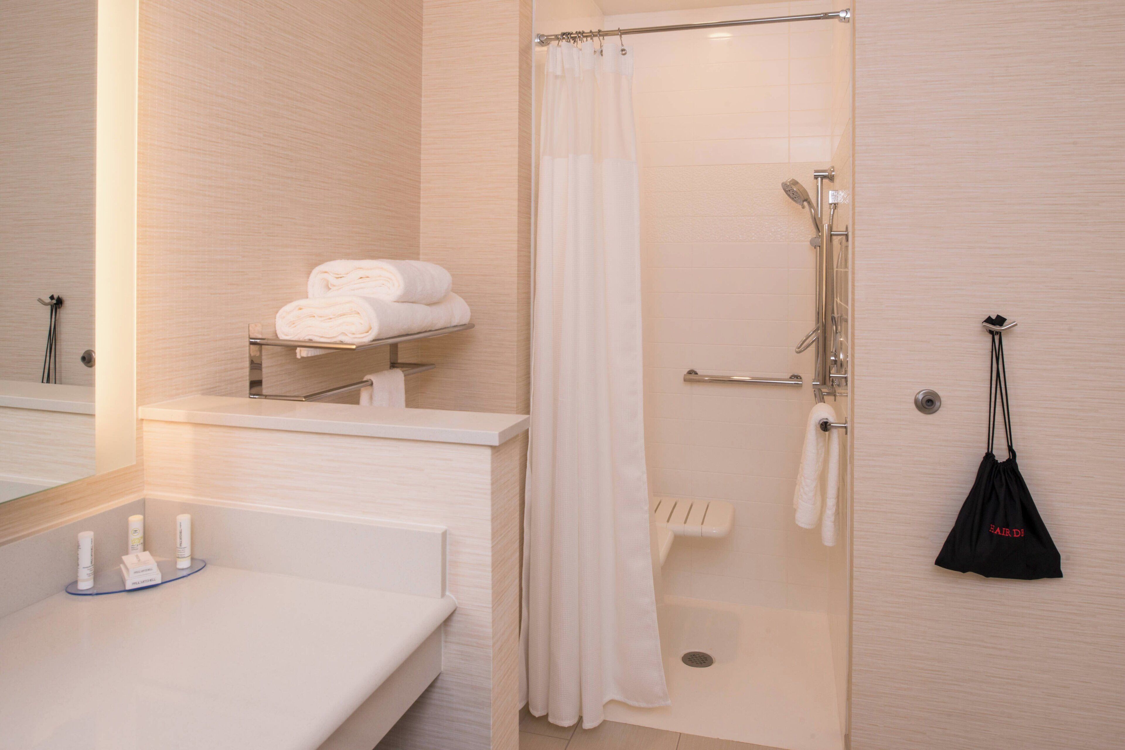 free toiletries, hair dryer, towels