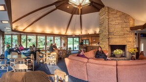 Un interior acogedor con chimenea de piedra, muebles de madera y grandes ventanas que ofrecen vistas al exterior.