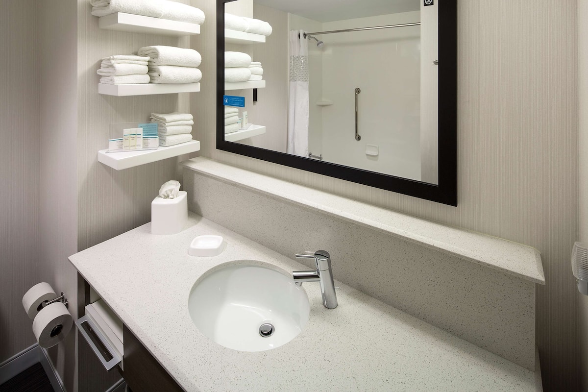 Combined shower/bathtub, free toiletries, hair dryer, towels
