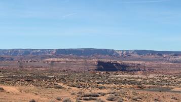A desert landscape with sparse vegetation and distant mountains under a clear sky.