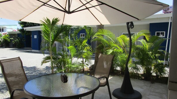 Un patio al aire libre con una mesa redonda y sillas, un paraguas grande y diversas plantas tropicales.