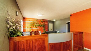 Un'area reception con scrivania in legno, una pianta e un cartello che indica i servizi delle camere.