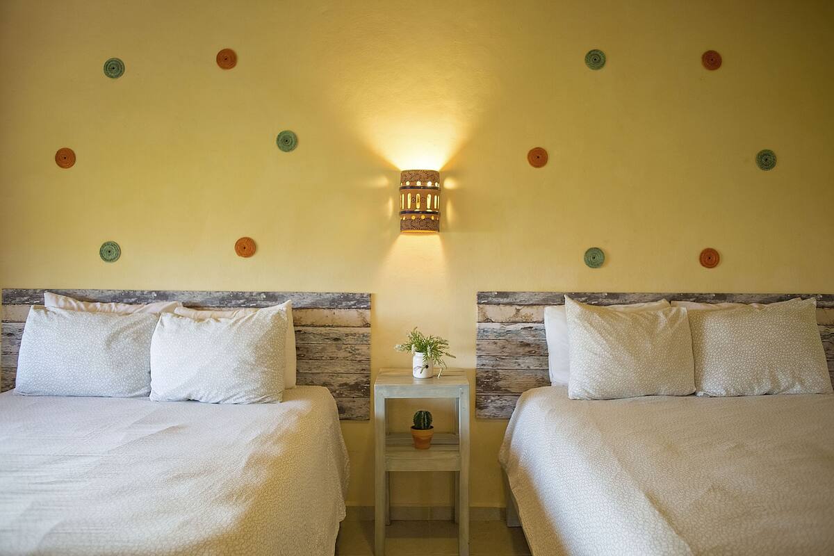 A hotel room with two beds, a small table with a plant, and a wall-mounted light fixture.