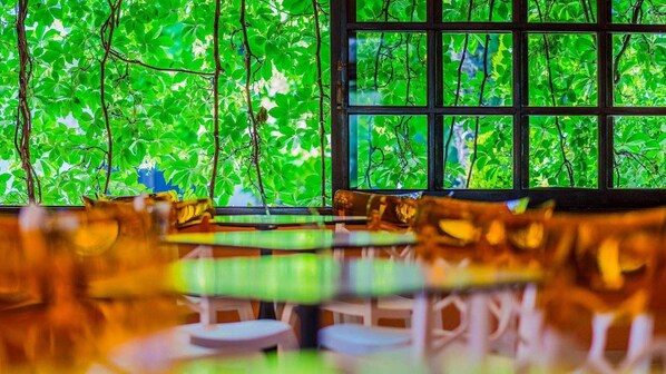 Un comedor con mesas y sillas, un ventanal con vistas a follaje verde.