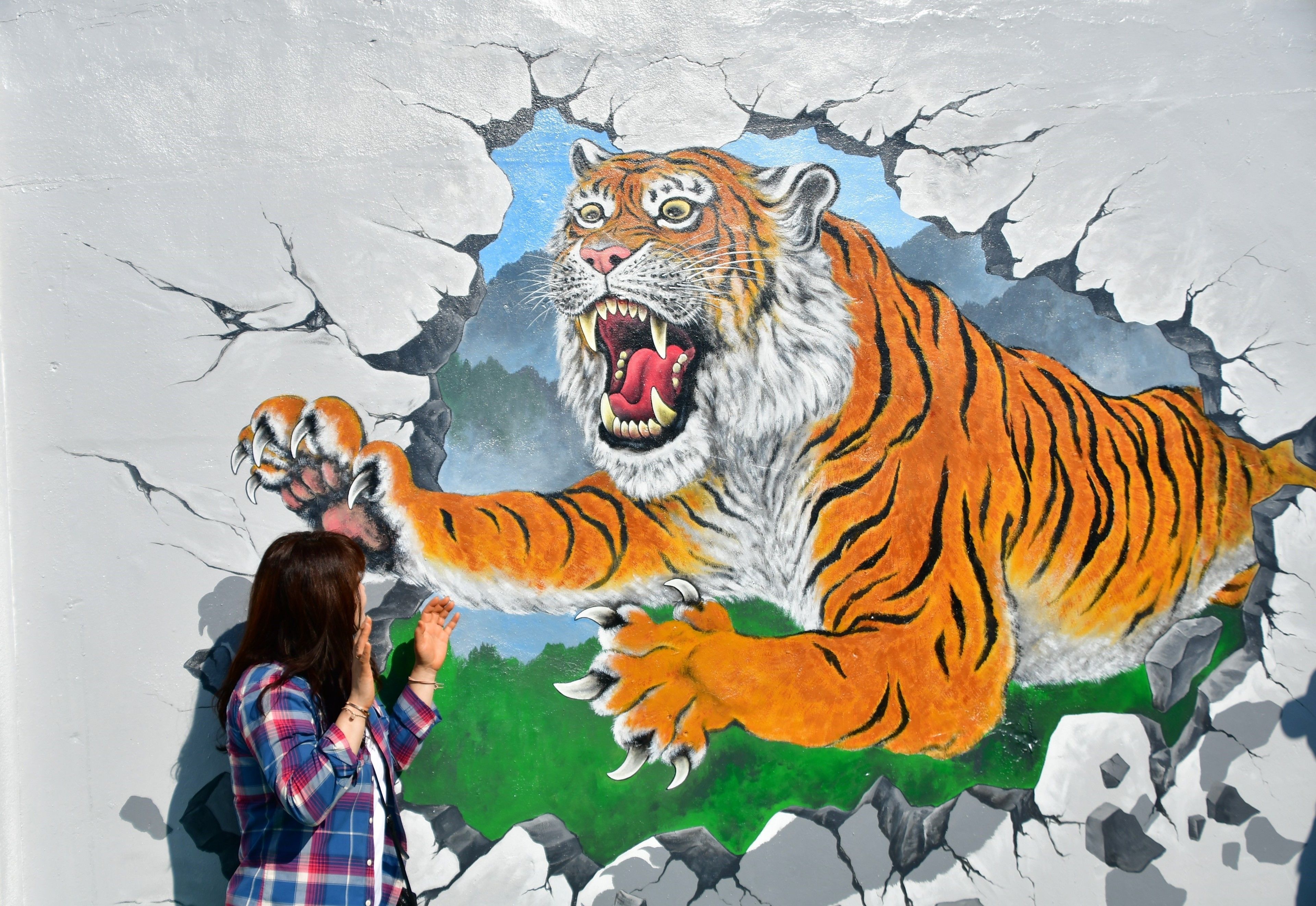 A mural of a tiger emerging from a cracked wall.