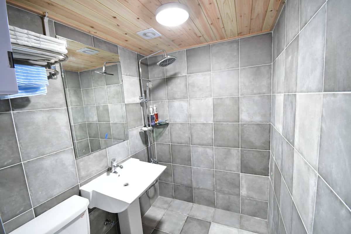 Een douche, een haardroger, pantoffels, handdoeken