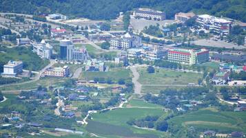 An aerial view of a town with various buildings, roads, and green fields.