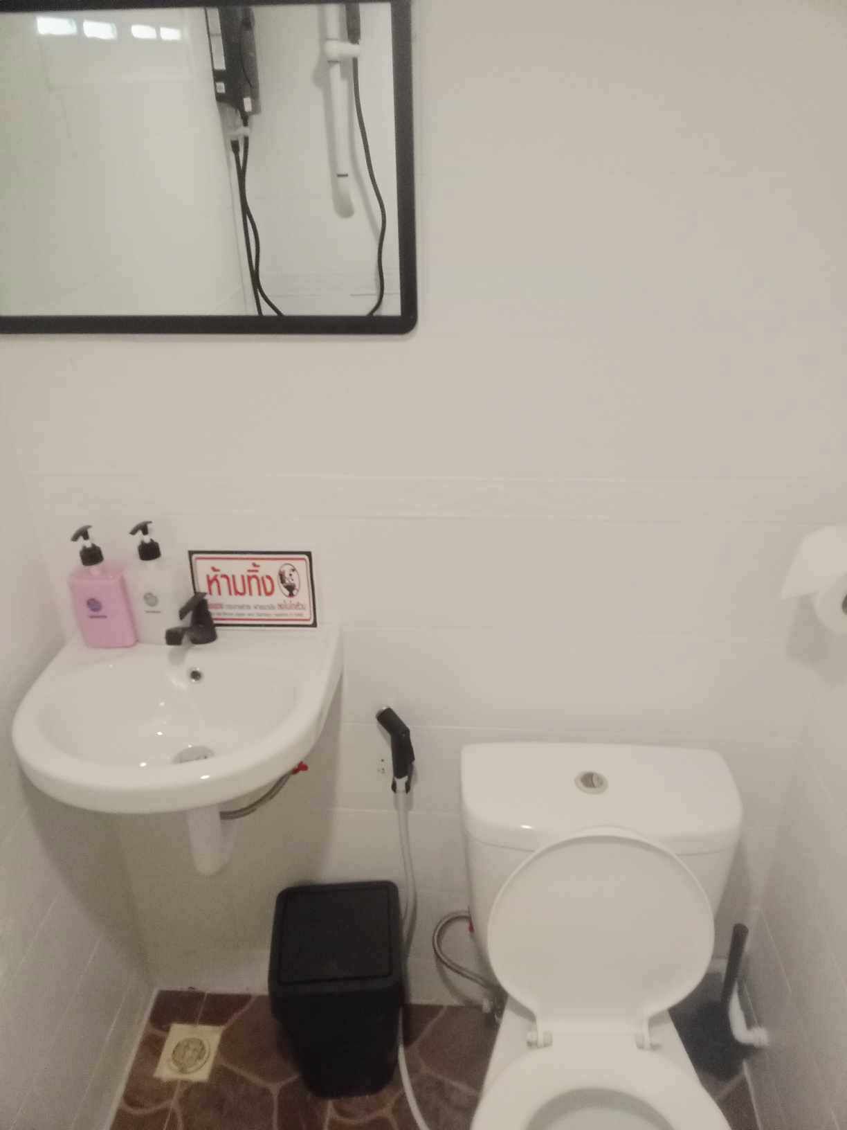 A small bathroom with a white sink, a toilet, and a mirror above the sink.