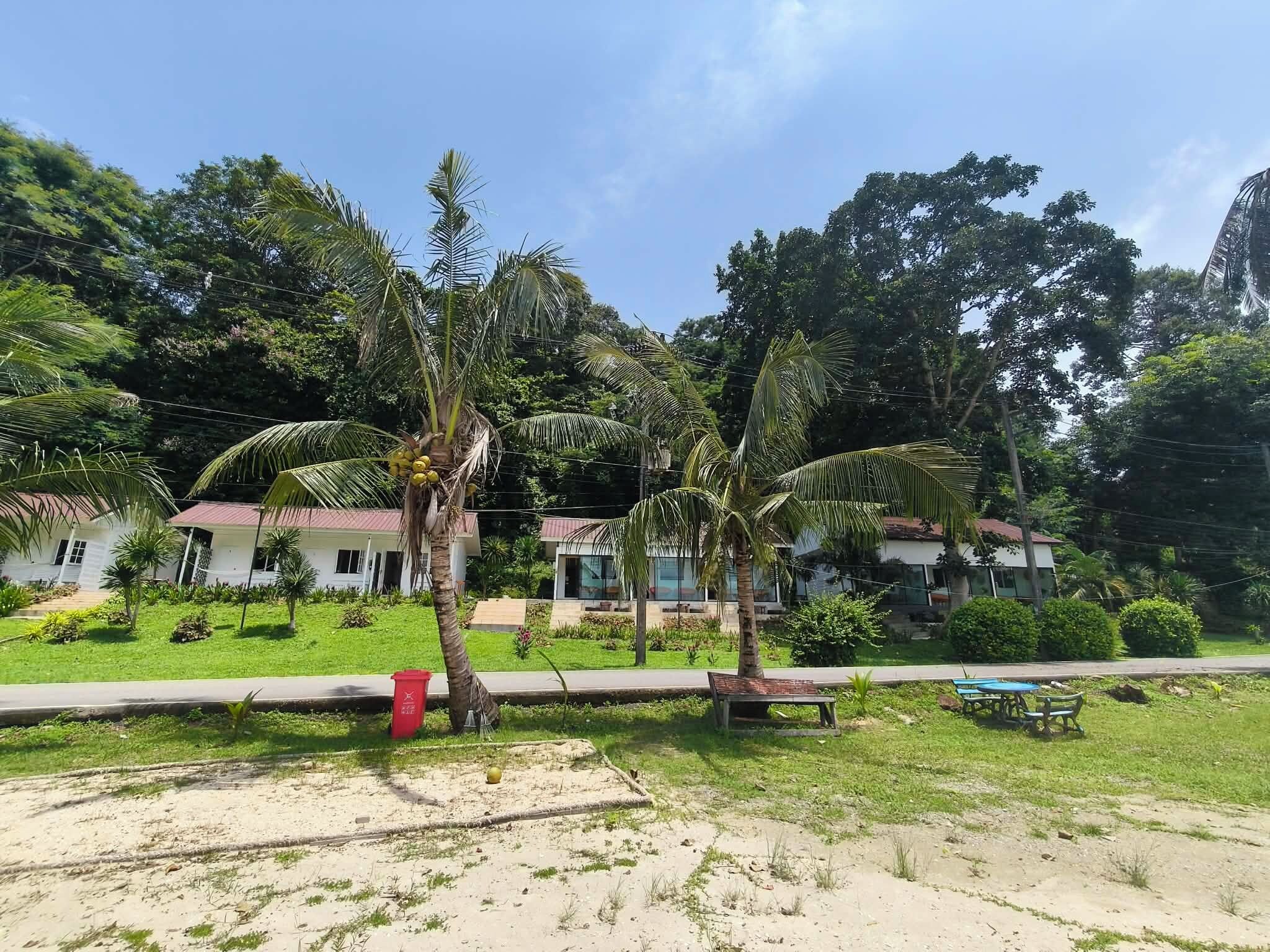 Un barrio residencial con casas, palmeras y cielo despejado.