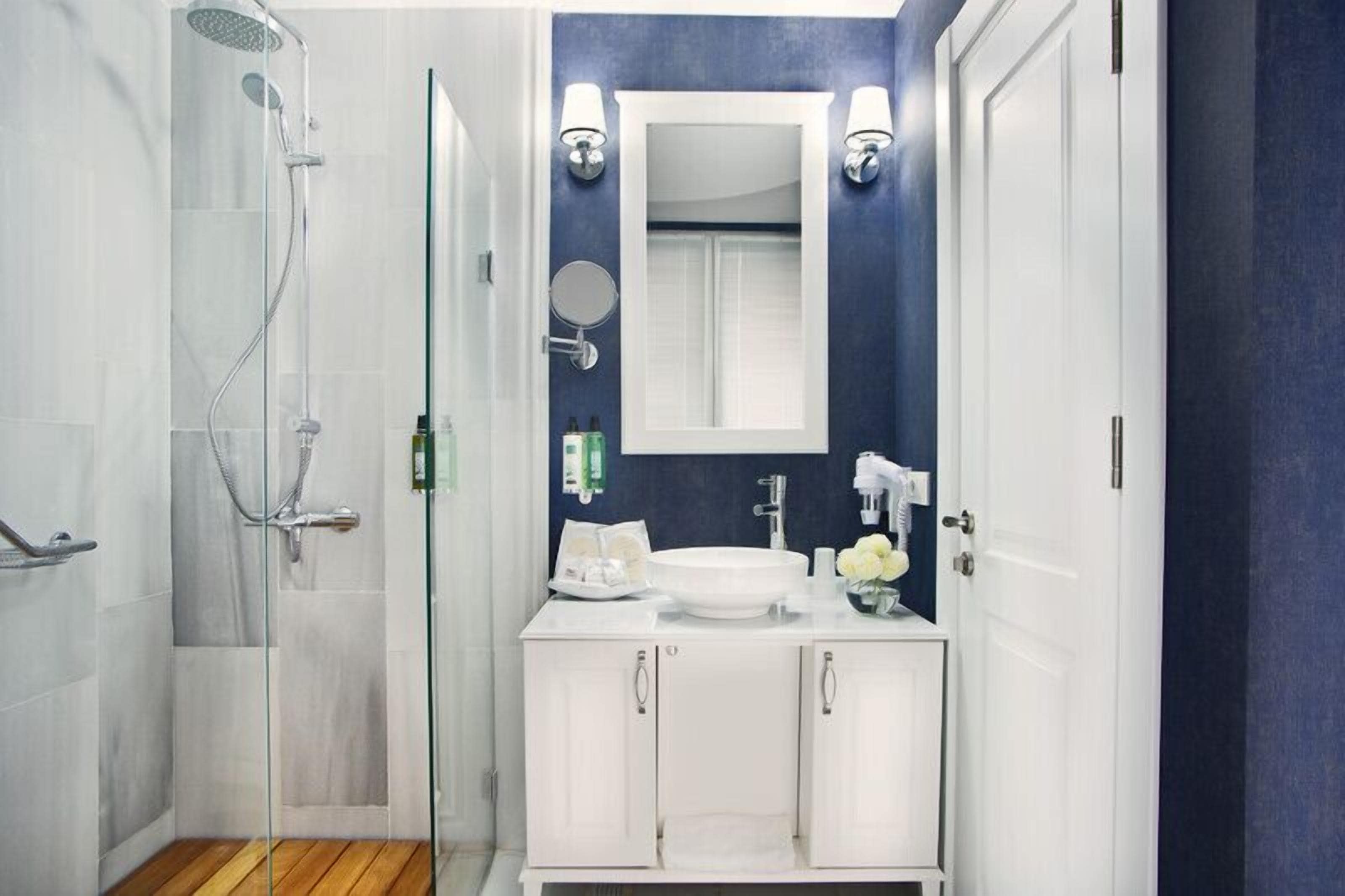 shower, designer toiletries, hair dryer, bathrobes