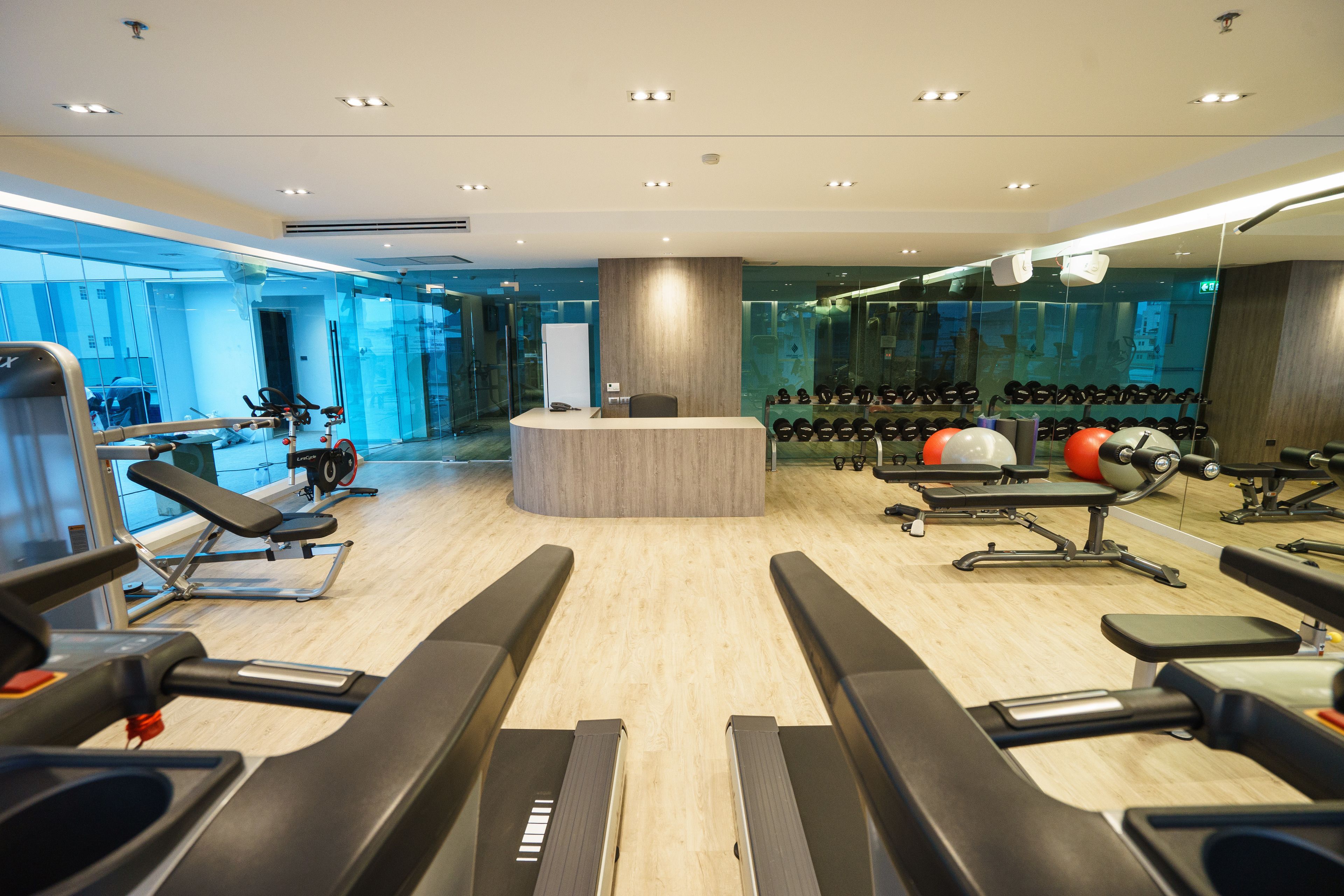 A modern gym with treadmills, weight machines, and exercise balls.