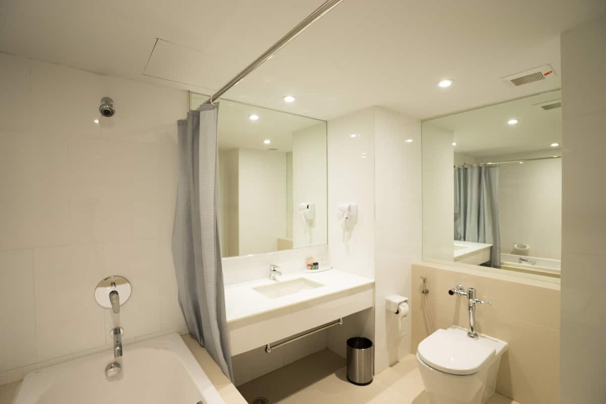 combined shower/bathtub, deep-soaking bathtub, free toiletries